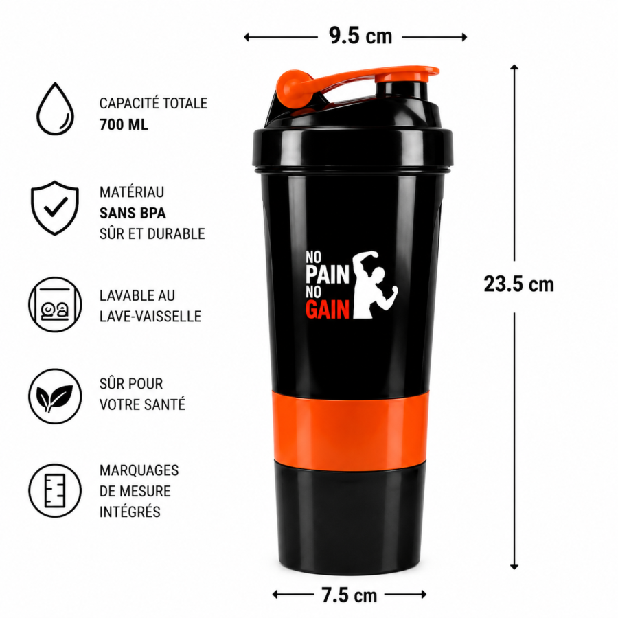 Dimensions du shaker 3 en 1 700 ml noir et orange – SportMall Maroc