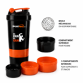 Shaker 3 en 1 noir et orange avec compartiments et boule mélangeuse – SportMall Maroc