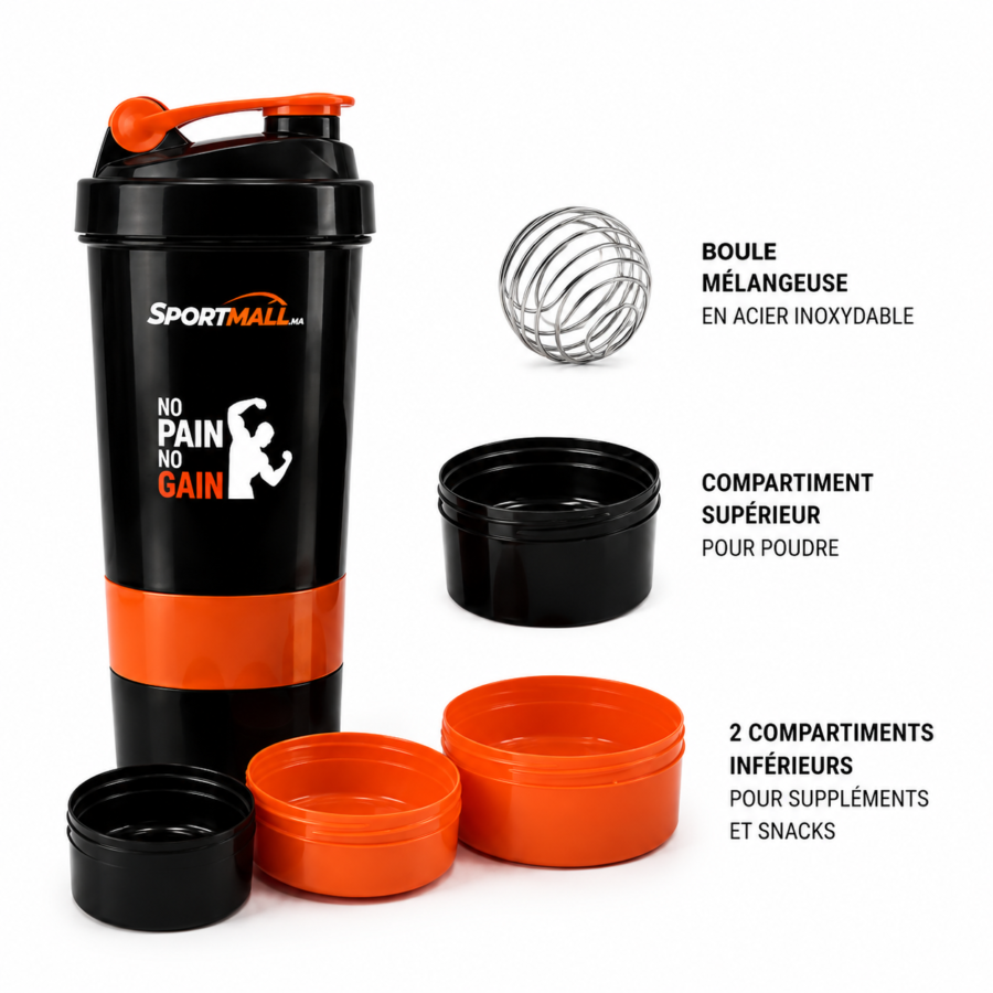 Shaker 3 en 1 noir et orange avec compartiments et boule mélangeuse – SportMall Maroc