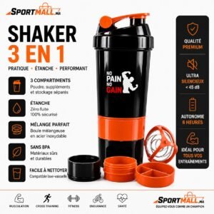 Shaker 3 en 1 700 ml noir et orange avec compartiments – SportMall Maroc