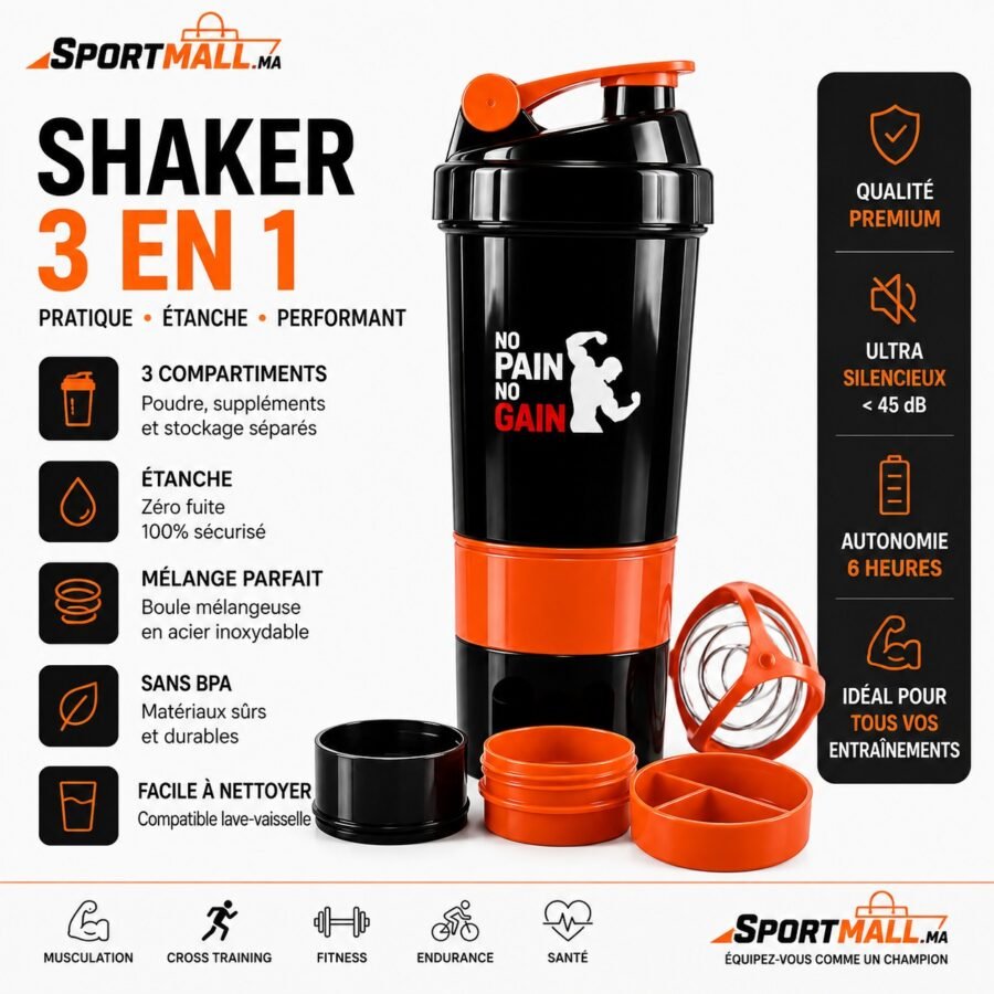 Shaker 3 en 1 700 ml noir et orange avec compartiments – SportMall Maroc
